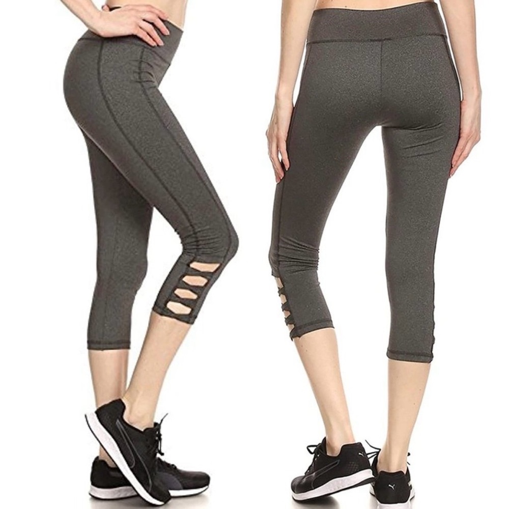 Shosho Sport Capri Leggings Charcoal Gray Crisscross Cutout XL High Waist NWT